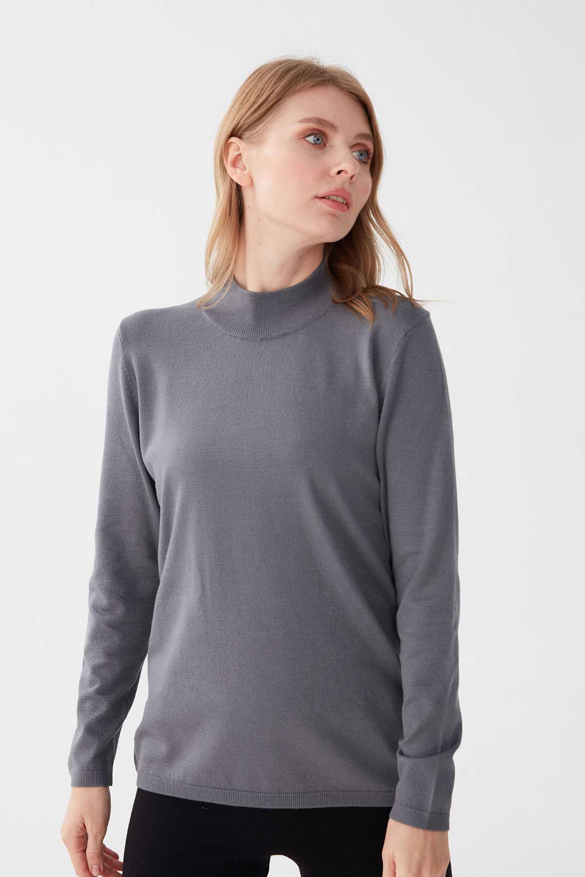 Desen Triko Kadın Likralı Uzun Kol Basic Yarım Balıkçı Bluz 0240016 Gri - 4