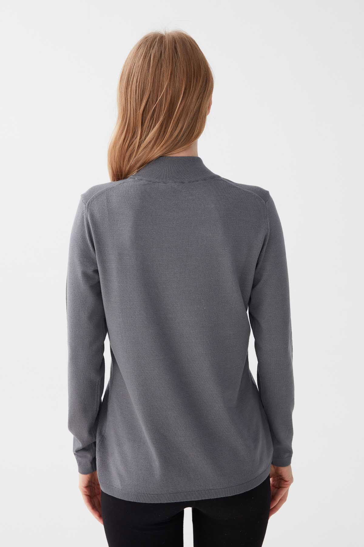 Desen Triko Kadın Likralı Uzun Kol Basic Yarım Balıkçı Bluz 0240016 Gri - 5