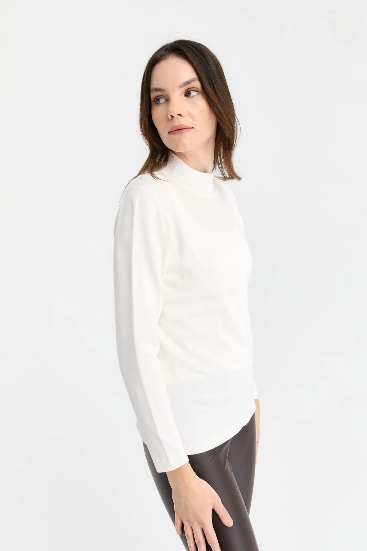 Desen Triko Kadın Likralı Uzun Kol Basic Yarım Balıkçı Bluz 0240016 Kemik - 2