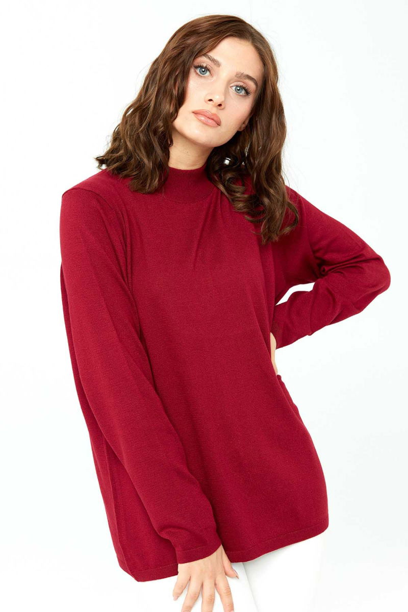 Desen Triko Kadın Likralı Uzun Kol Basic Yarım Balıkçı Bluz 0240016 Kırmızı 