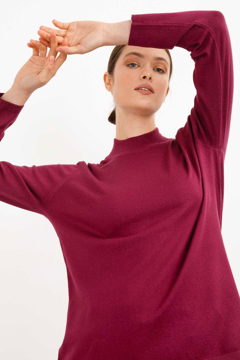 Desen Triko Kadın Likralı Uzun Kol Basic Yarım Balıkçı Bluz 0240016 Mürdüm 