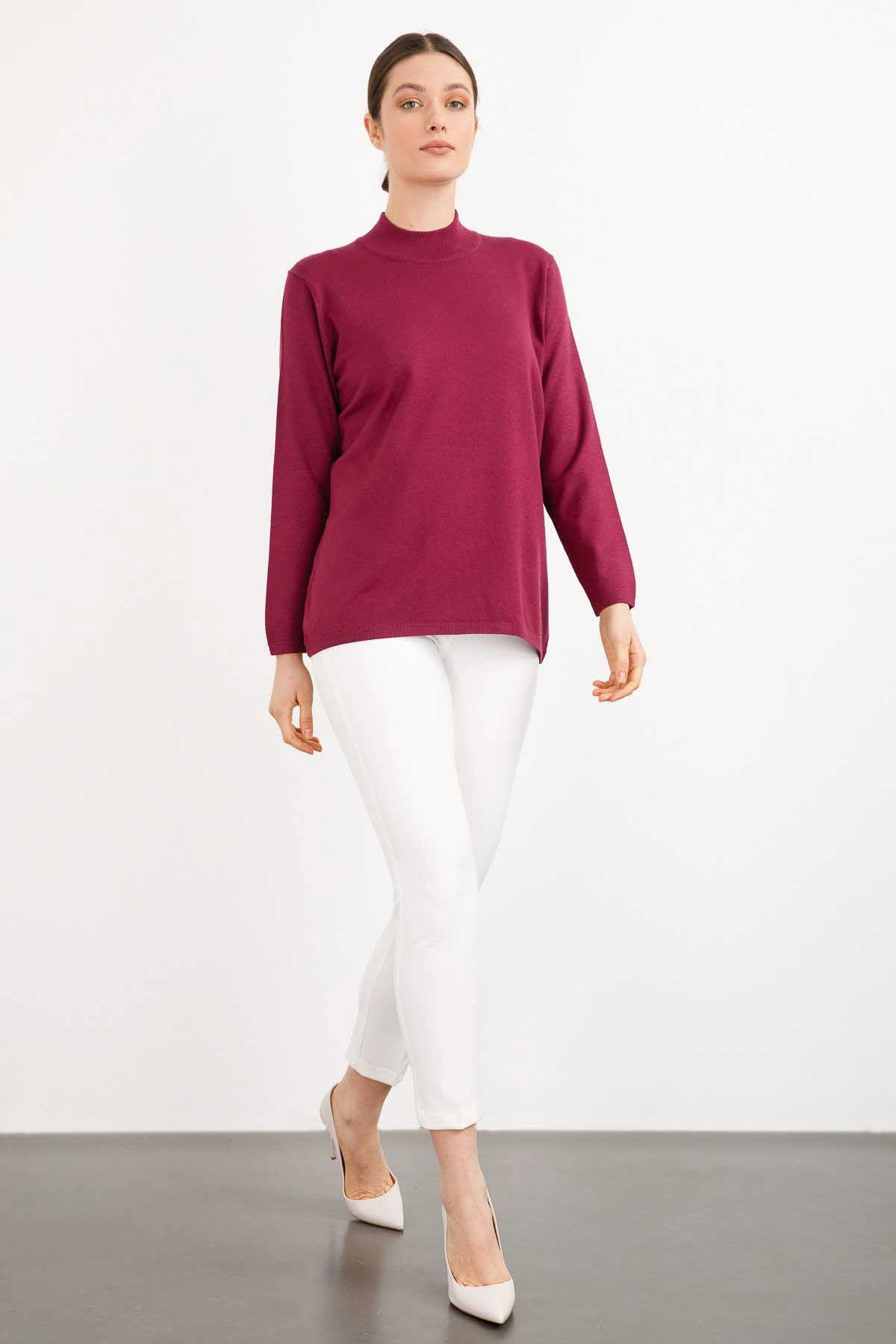 Desen Triko Kadın Likralı Uzun Kol Basic Yarım Balıkçı Bluz 0240016 Mürdüm - 2