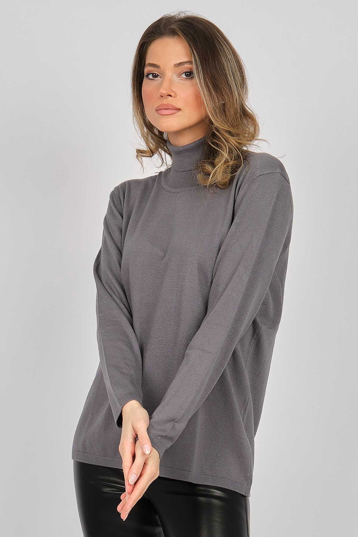 Desen Triko Kadın Likralı Uzun Kollu Basic Tam Balıkçı Bluz 0240017 Gri - 1