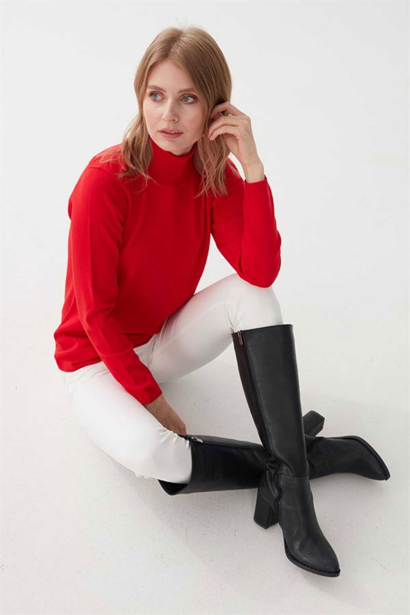 Desen Triko Kadın Likralı Uzun Kollu Basic Tam Balıkçı Bluz 0240017 Mercan 