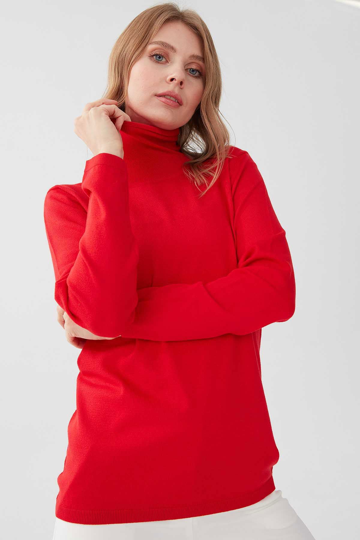 Desen Triko Kadın Likralı Uzun Kollu Basic Tam Balıkçı Bluz 0240017 Mercan - 2