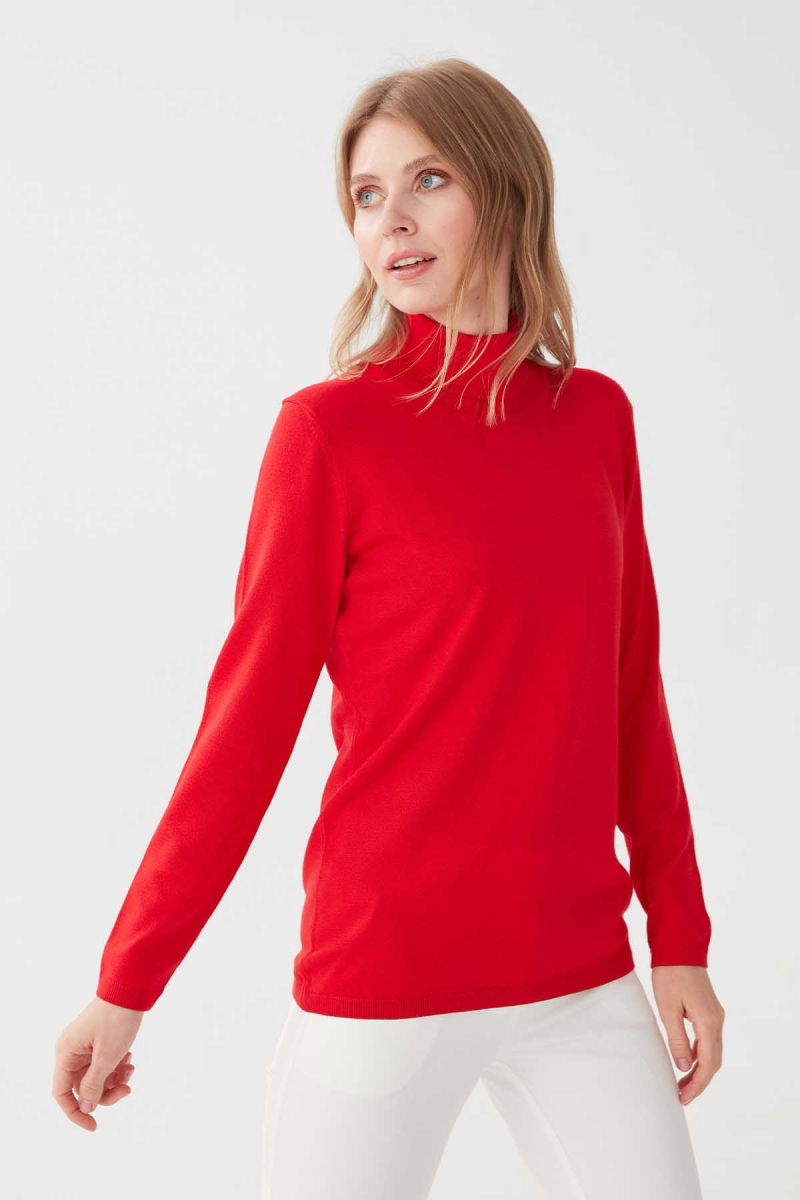 Desen Triko Kadın Likralı Uzun Kollu Basic Tam Balıkçı Bluz 0240017 Mercan - 3