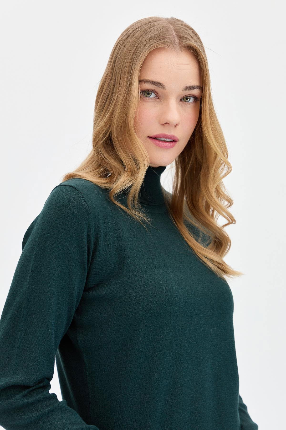 Desen Triko Kadın Likralı Uzun Kollu Basic Tam Balıkçı Bluz 0240017 Nefti - 1