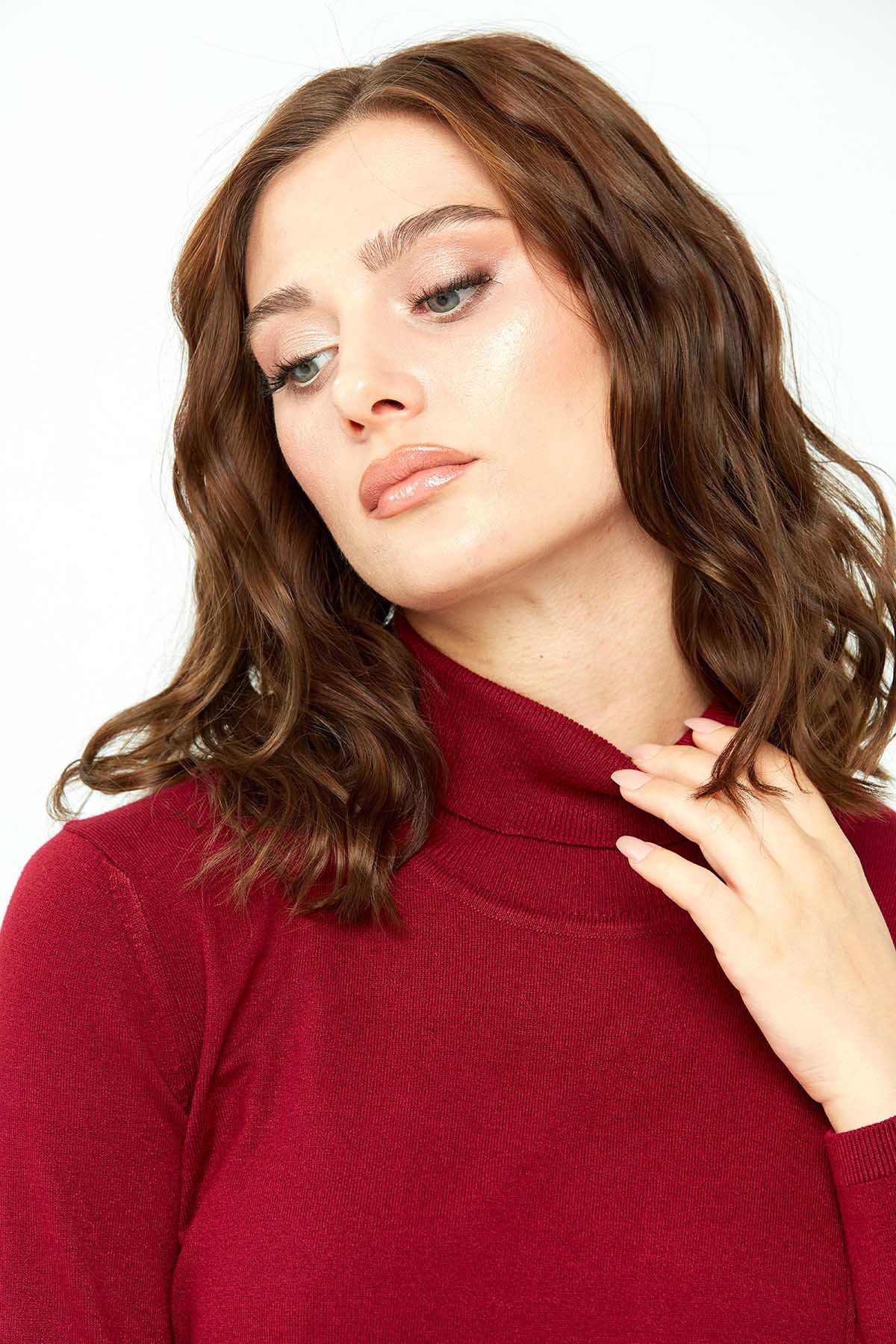 Desen Triko Kadın Likralı Uzun Kollu Basic Tam Balıkçı Bluz 0240017 Vişne - 1