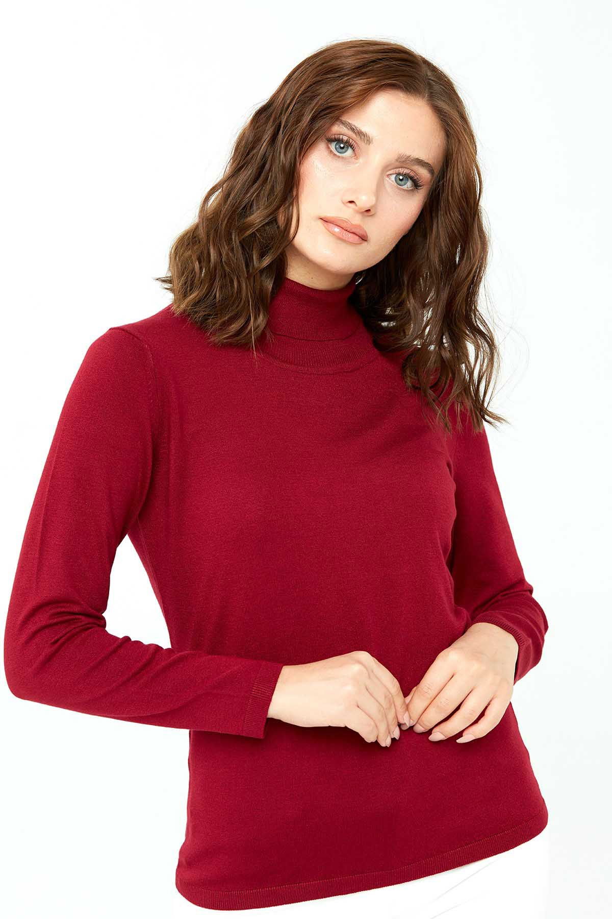 Desen Triko Kadın Likralı Uzun Kollu Basic Tam Balıkçı Bluz 0240017 Vişne - 2