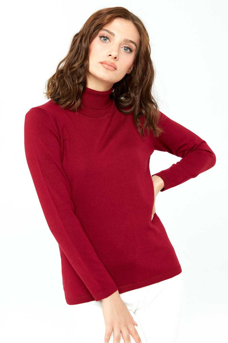 Desen Triko Kadın Likralı Uzun Kollu Basic Tam Balıkçı Bluz 0240017 Vişne - 3