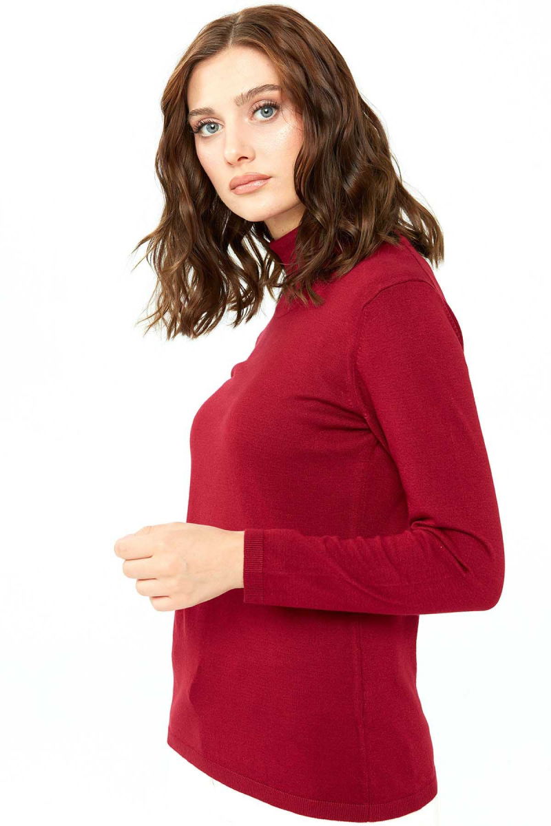 Desen Triko Kadın Likralı Uzun Kollu Basic Tam Balıkçı Bluz 0240017 Vişne - 4