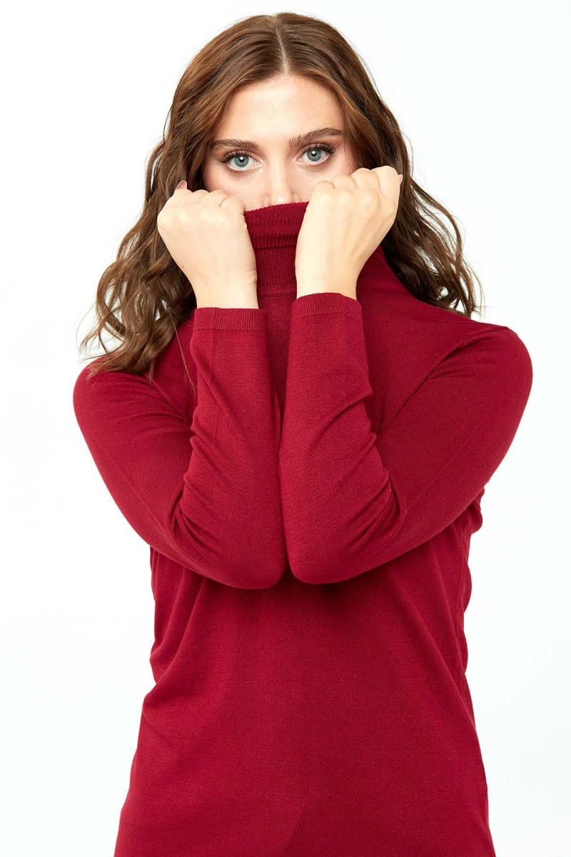 Desen Triko Kadın Likralı Uzun Kollu Basic Tam Balıkçı Bluz 0240017 Vişne - 6