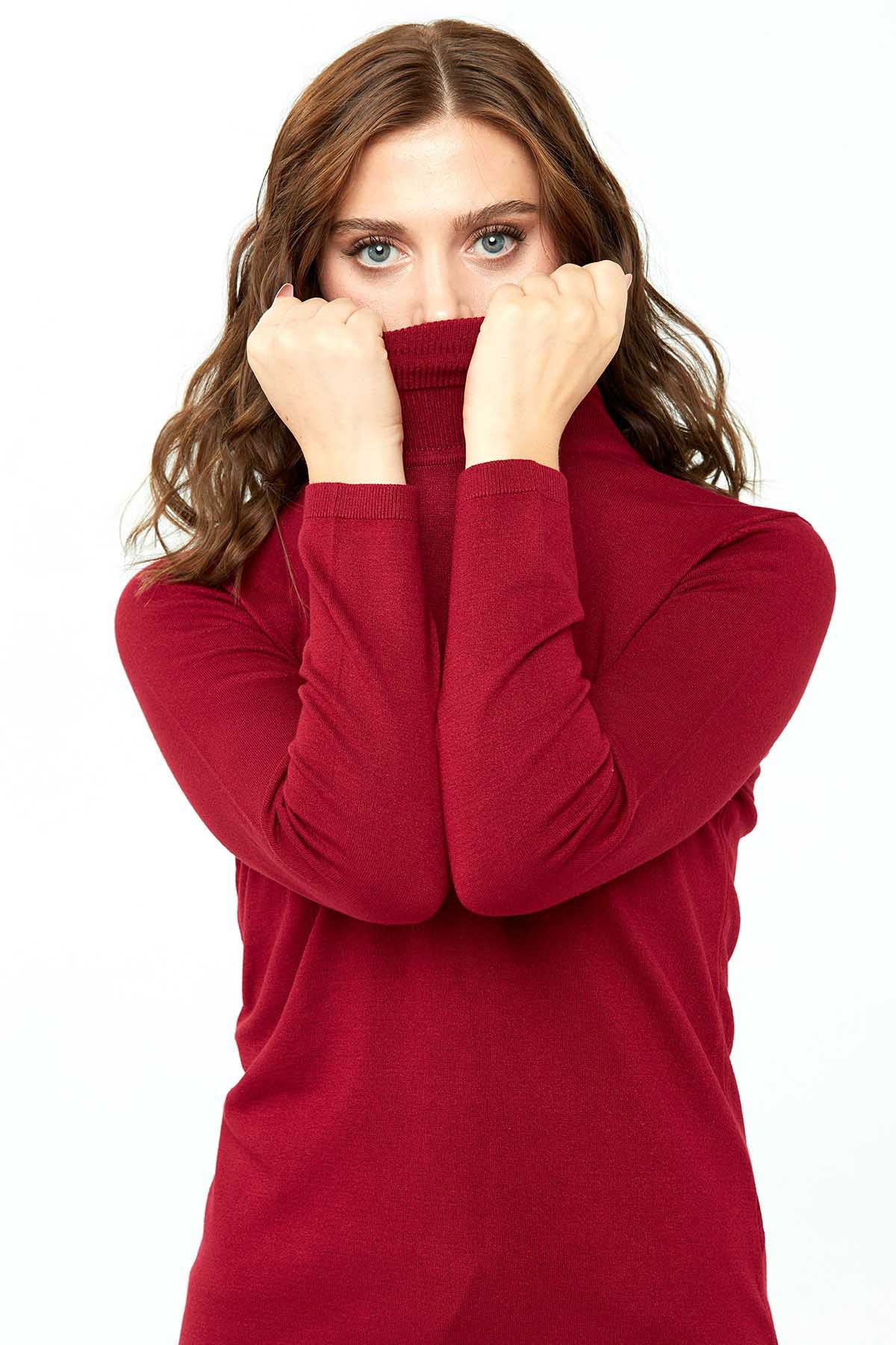 Desen Triko Kadın Likralı Uzun Kollu Basic Tam Balıkçı Bluz 0240017 Vişne - 6