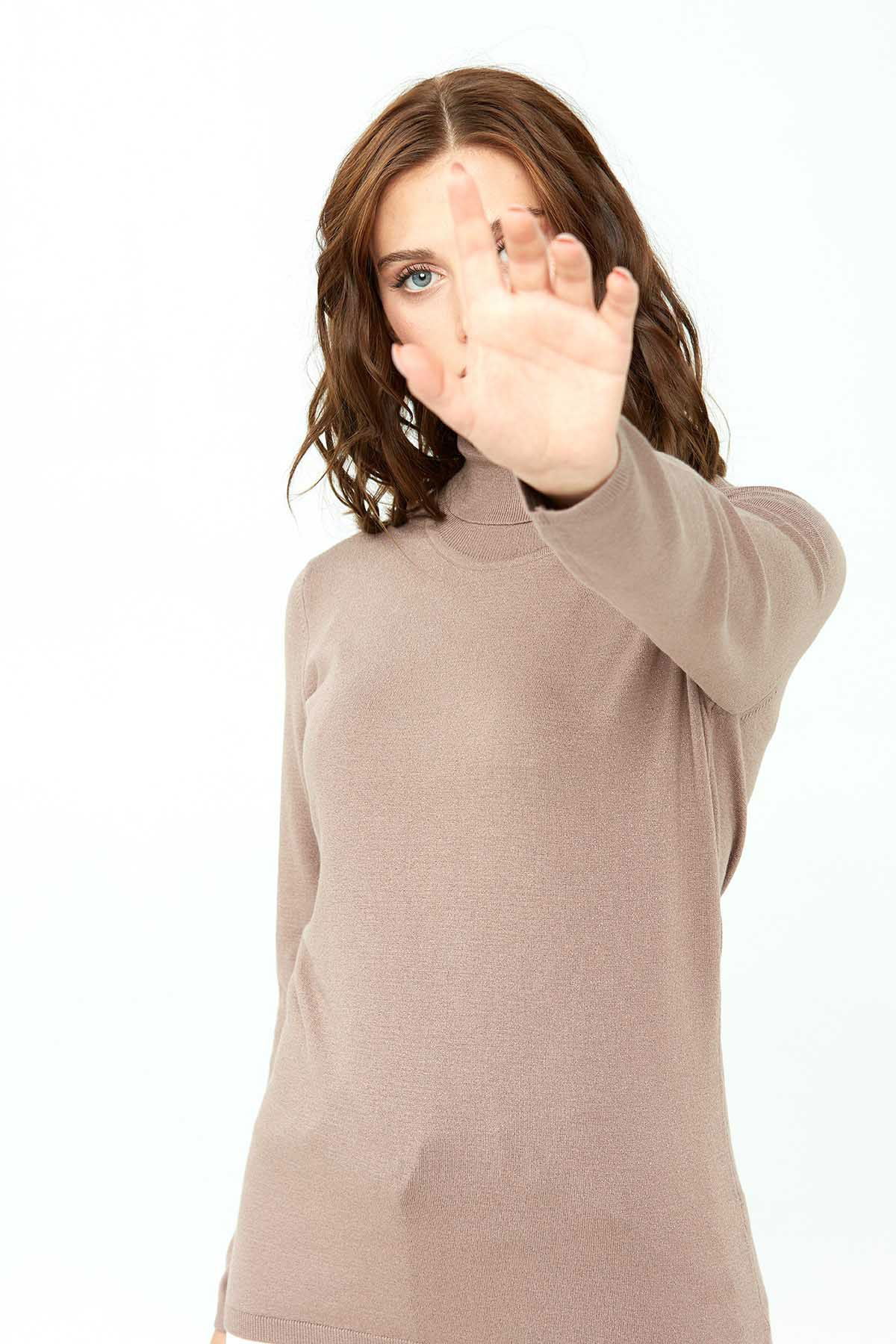 Desen Triko Kadın Likralı Uzun Kollu Basic Tam Balıkçı Bluz 0240017 Vizon - 3