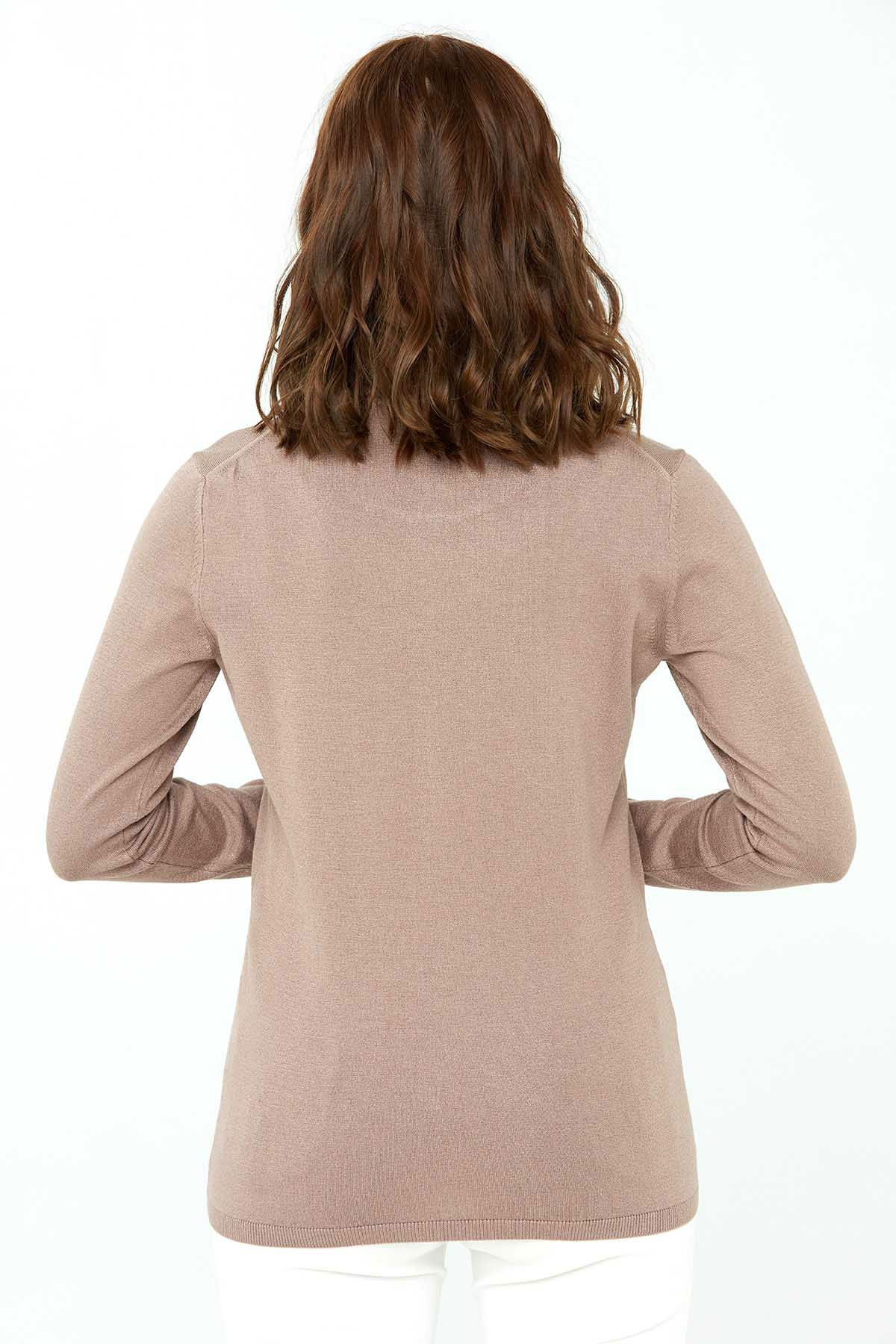 Desen Triko Kadın Likralı Uzun Kollu Basic Tam Balıkçı Bluz 0240017 Vizon - 5