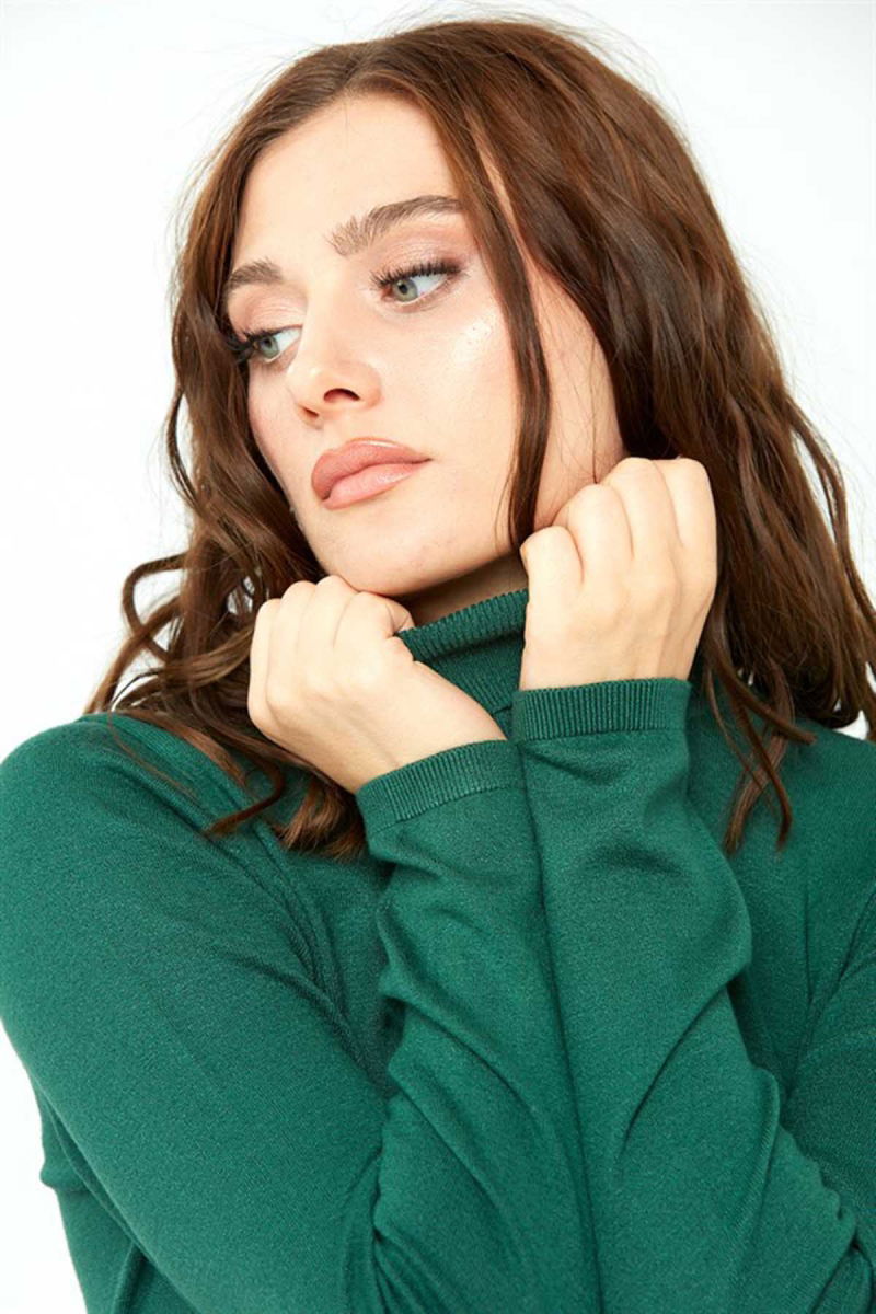 Desen Triko Kadın Likralı Uzun Kollu Basic Tam Balıkçı Bluz 0240017 Yeşil 