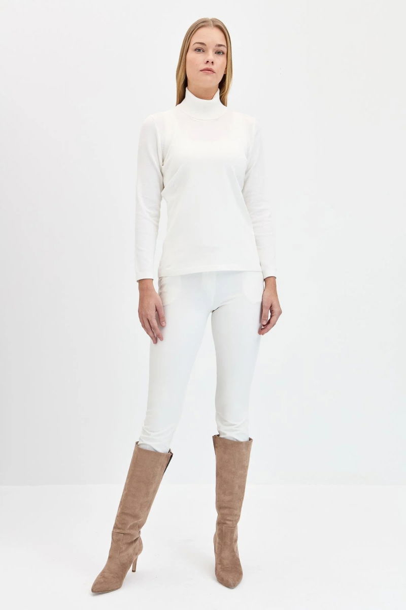 Desen Triko Kadın Likralı Uzun Kollu Basic Tam Balıkçı Bluz 20017 Kemik - 2