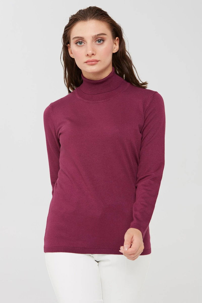 Desen Triko Kadın Likralı Uzun Kollu Basic Tam Balıkçı Bluz 20017 Mürdüm - Desen Triko