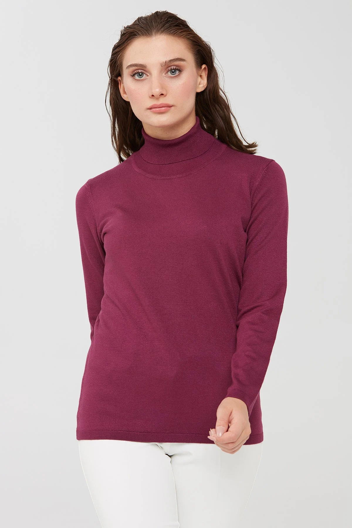 Desen Triko Kadın Likralı Uzun Kollu Basic Tam Balıkçı Bluz 20017 Mürdüm - 1