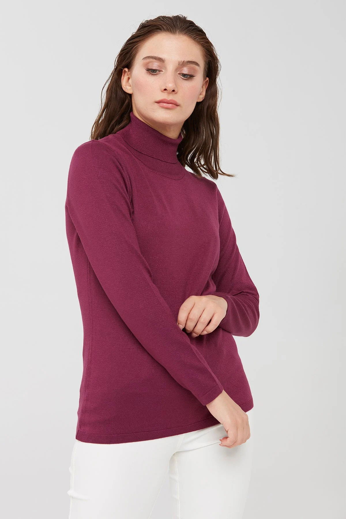 Desen Triko Kadın Likralı Uzun Kollu Basic Tam Balıkçı Bluz 20017 Mürdüm - 2