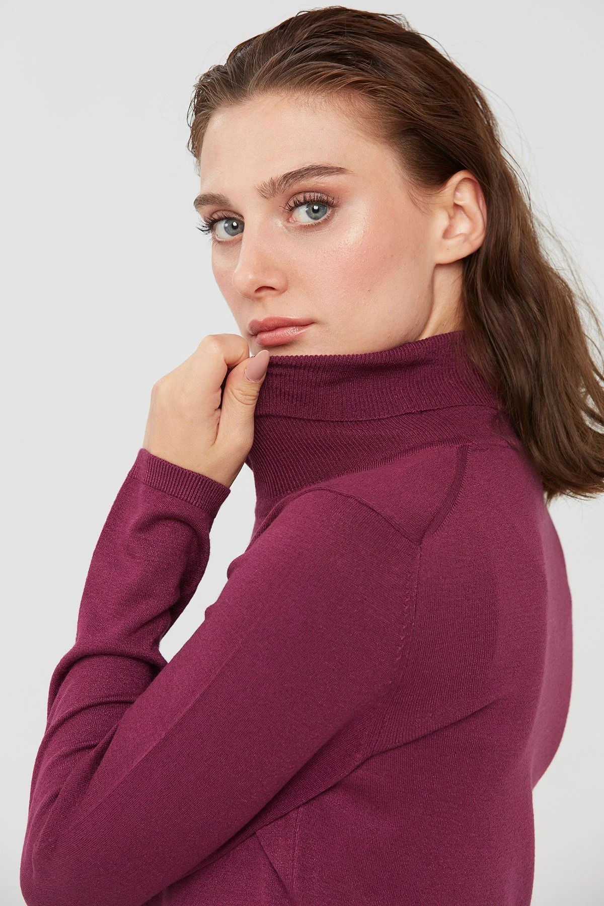 Desen Triko Kadın Likralı Uzun Kollu Basic Tam Balıkçı Bluz 20017 Mürdüm - 3