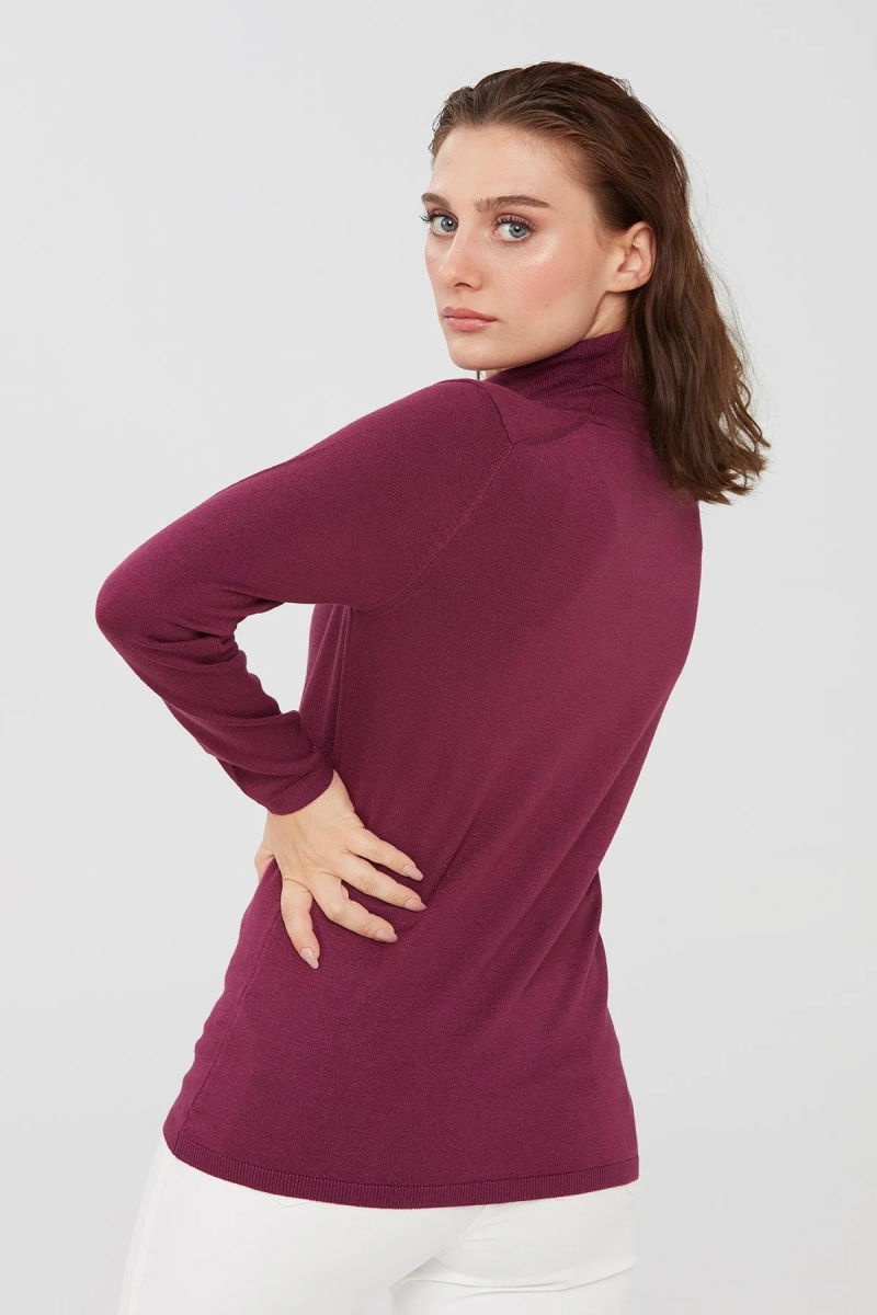 Desen Triko Kadın Likralı Uzun Kollu Basic Tam Balıkçı Bluz 20017 Mürdüm - 4