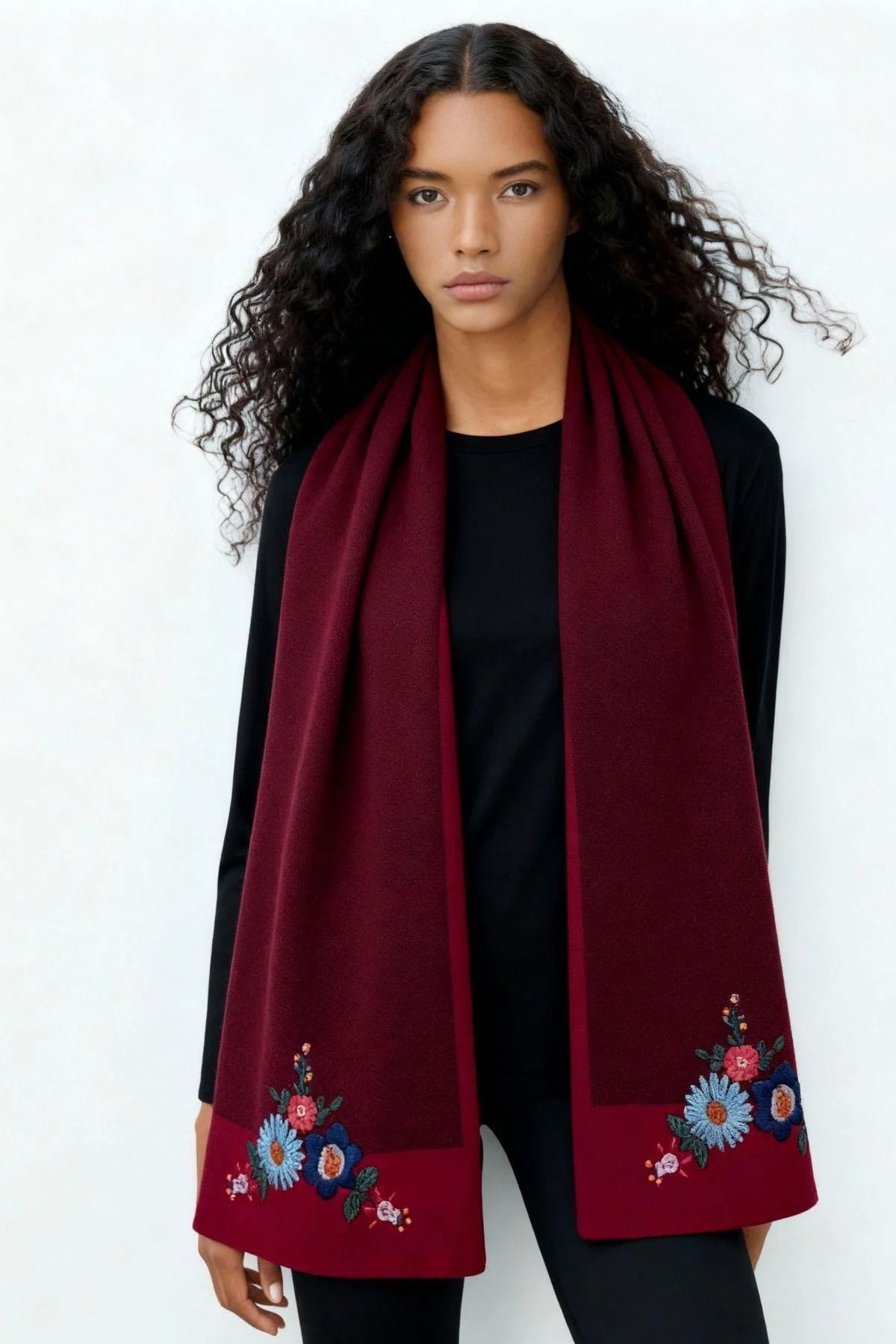 Desen Triko Kadın Nakış İşlemeli Saf Yün Kaşkol 02421155 Vişne - 1