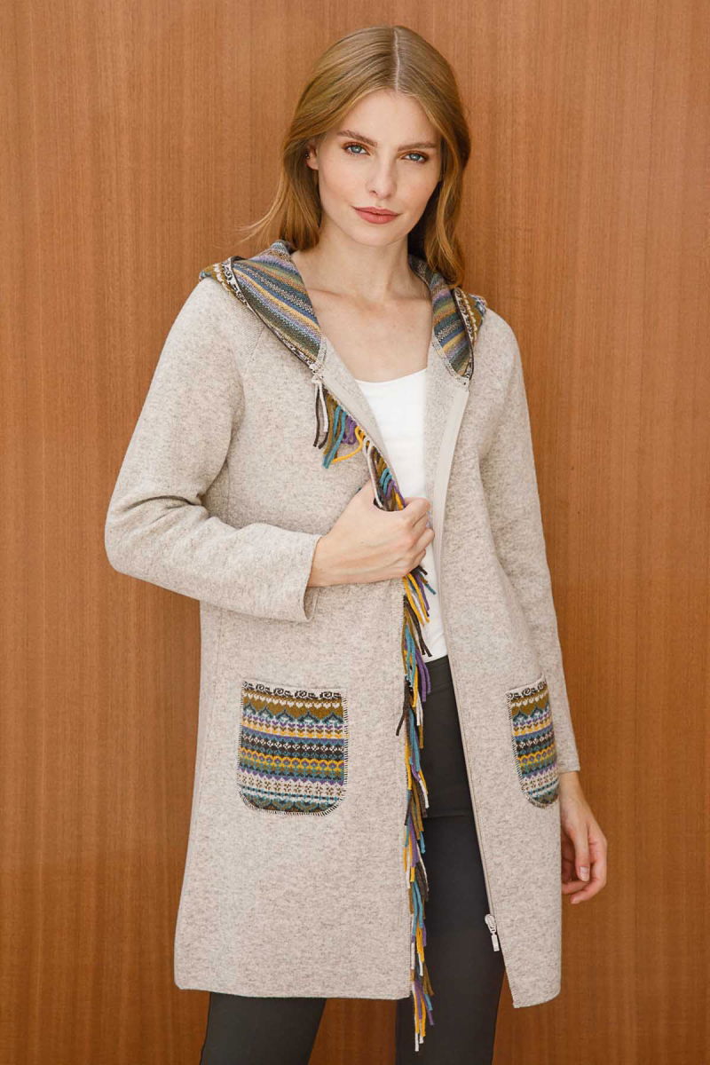 Desen Triko Kadın Önü Püsküllü Kapüşonlu Uzun Kaban 2258 Bej - 3