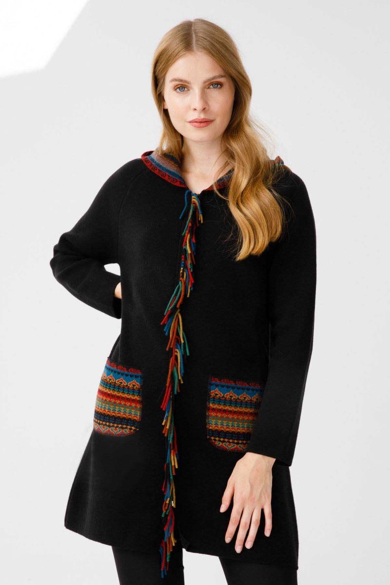 Desen Triko Kadın Önü Püsküllü Kapüşonlu Uzun Kaban 2258 Siyah 