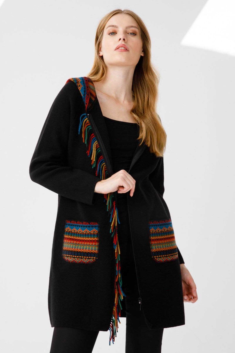 Desen Triko Kadın Önü Püsküllü Kapüşonlu Uzun Kaban 2258 Siyah - 3