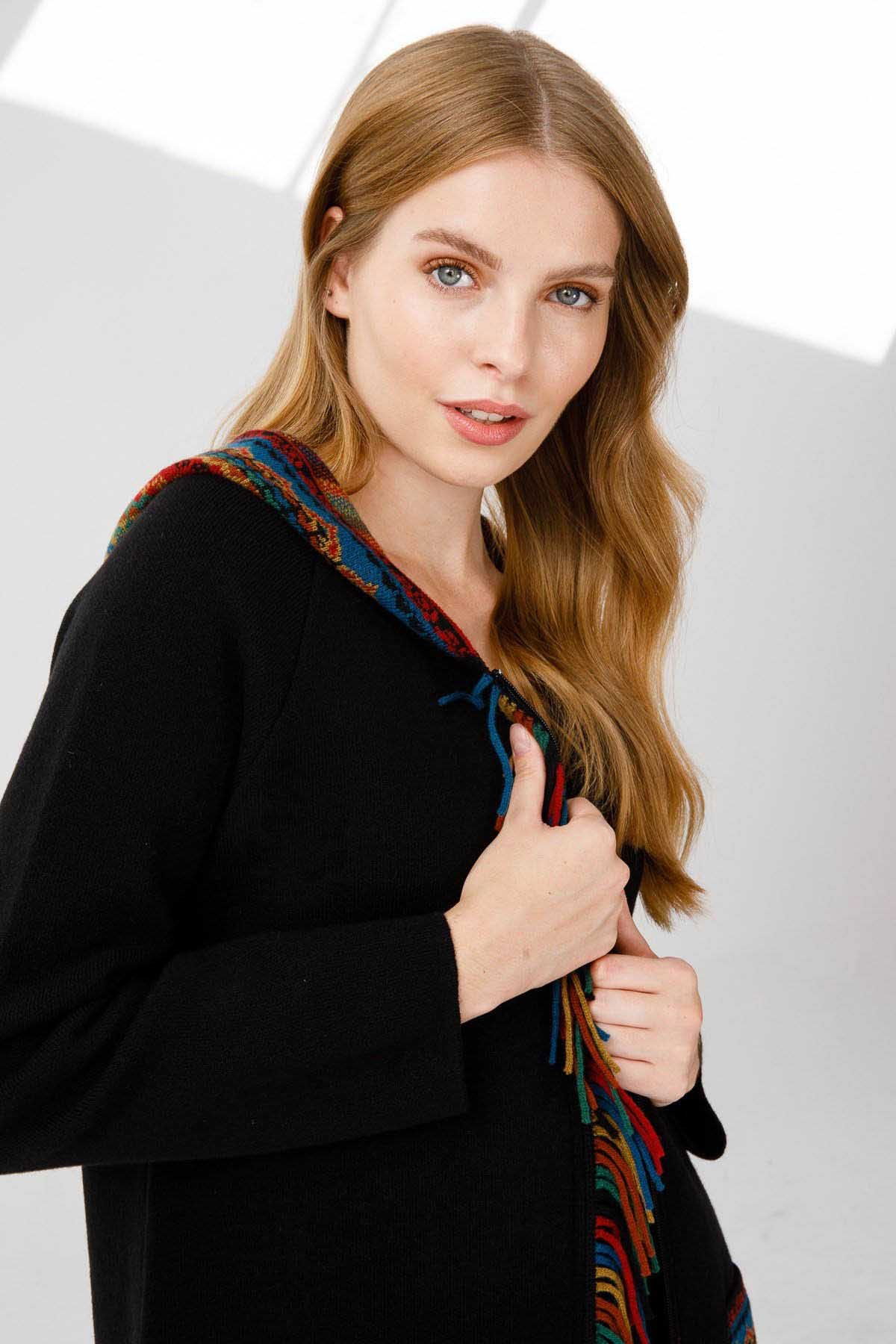 Desen Triko Kadın Önü Püsküllü Kapüşonlu Uzun Kaban 2258 Siyah - 4