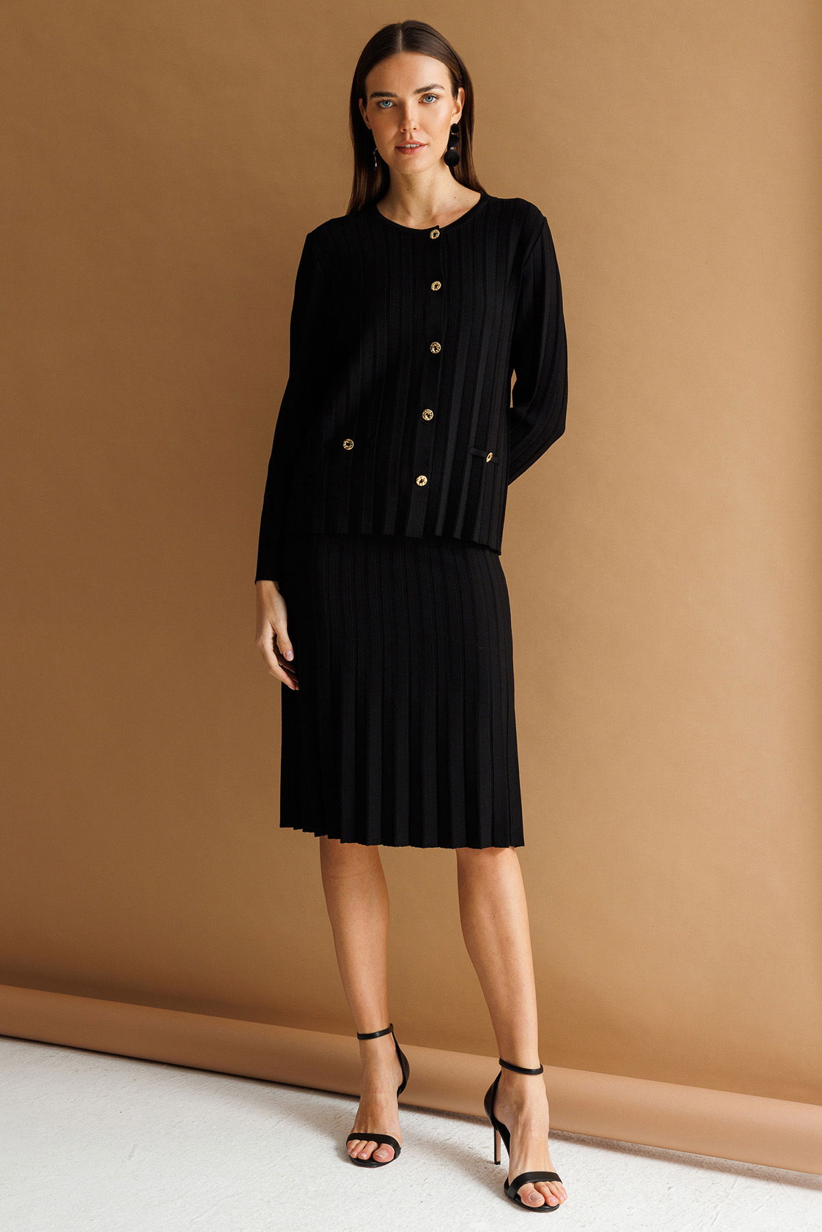 Desen Triko Kadın Pileli Araboy İnce Triko Etek 26371 Siyah - 1