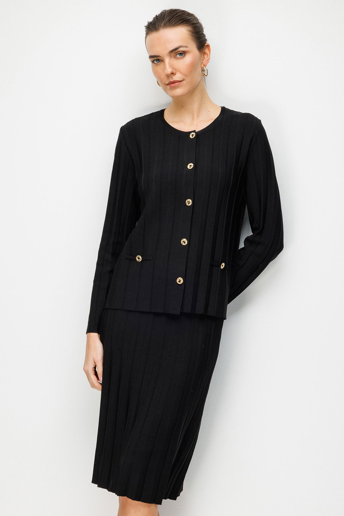 Desen Triko Kadın Pileli Araboy İnce Triko Etek 26371 Siyah - 4