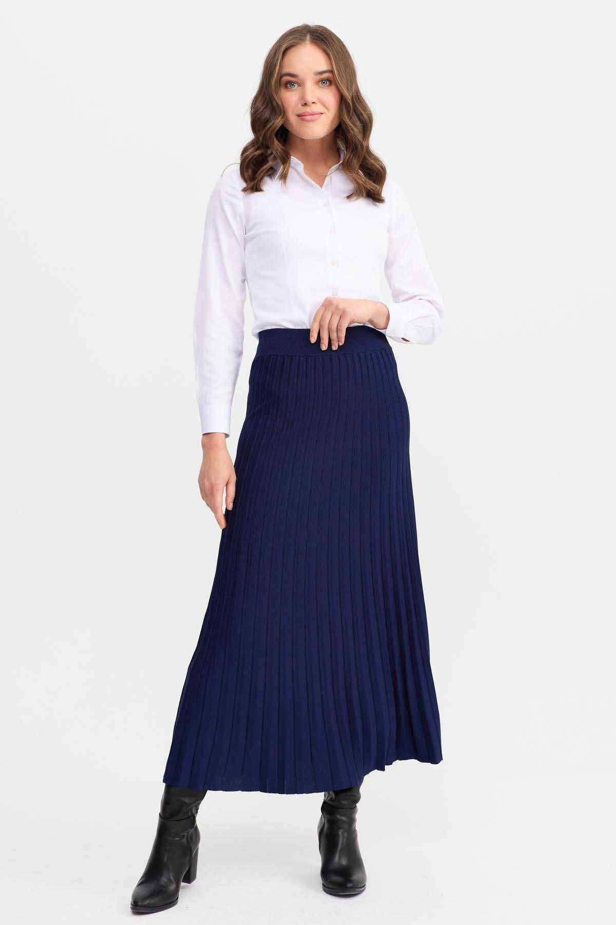 Desen Triko Kadın Pileli Triko Etek 1321 Lacivert - 3