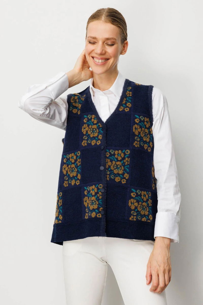 Desen Triko Kadın Pıtırcık Çiçekli Patchwork Keçe Yün Yelek 24084 A.Laci-O.Haki 