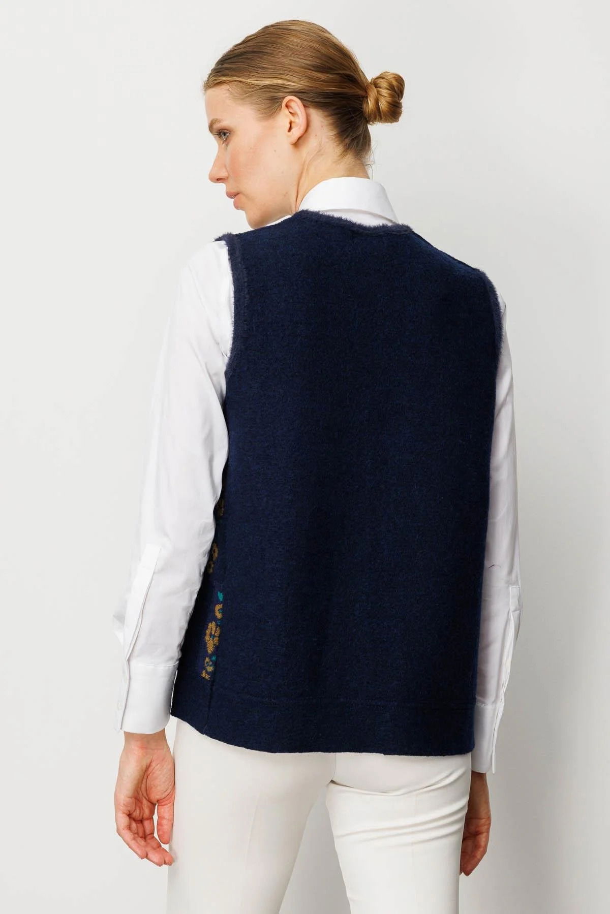 Desen Triko Kadın Pıtırcık Çiçekli Patchwork Keçe Yün Yelek 24084 A.Laci-O.Haki - 4