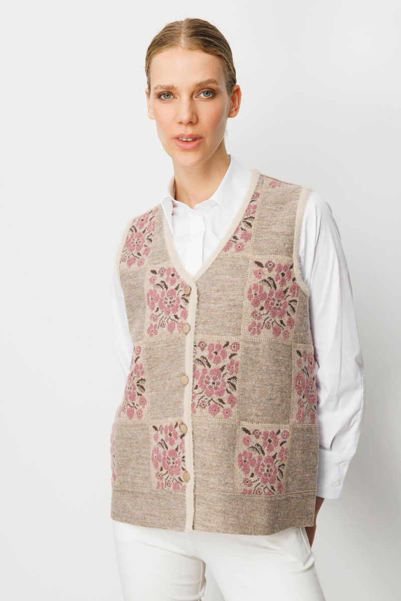 Desen Triko Kadın Pıtırcık Çiçekli Patchwork Keçe Yün Yelek 24084 Bej G.Kurusu - 2