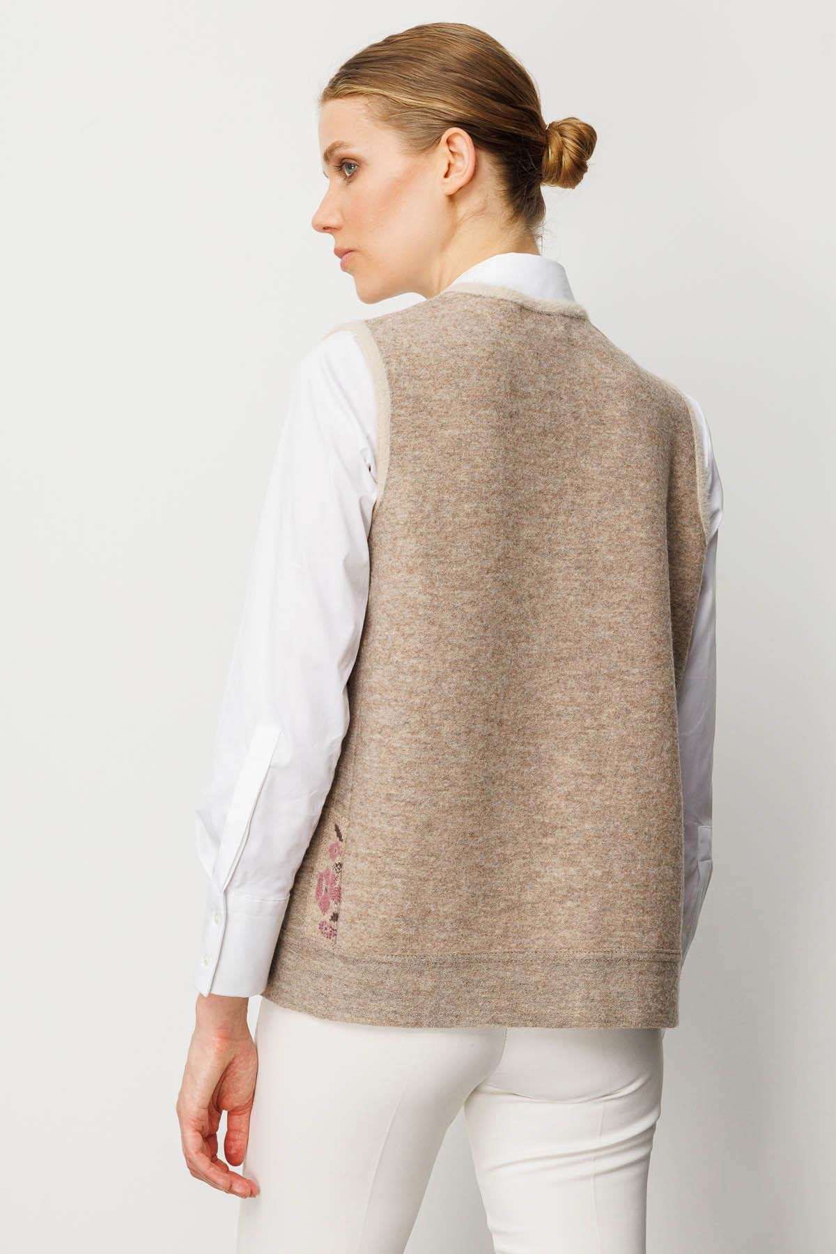 Desen Triko Kadın Pıtırcık Çiçekli Patchwork Keçe Yün Yelek 24084 Bej G.Kurusu - 4