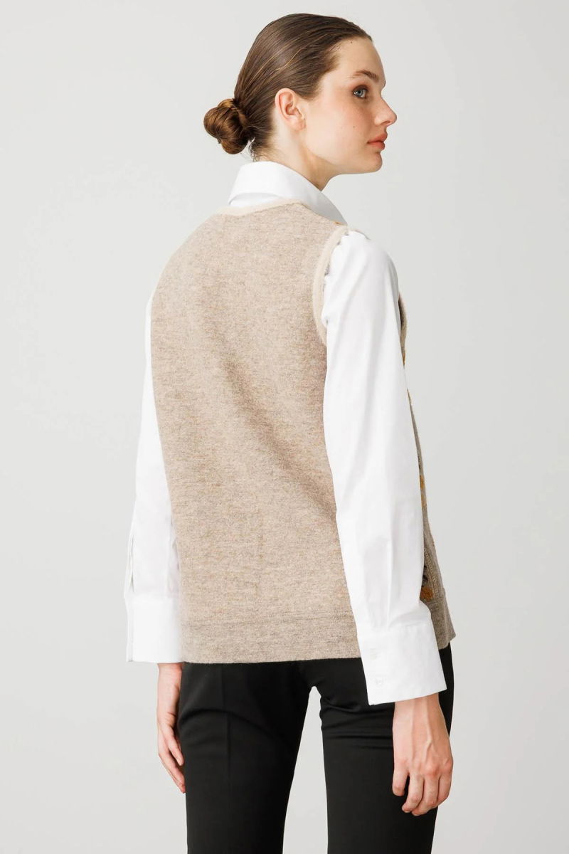 Desen Triko Kadın Pıtırcık Çiçekli Patchwork Keçe Yün Yelek 24084 Bej-Hardal - 4