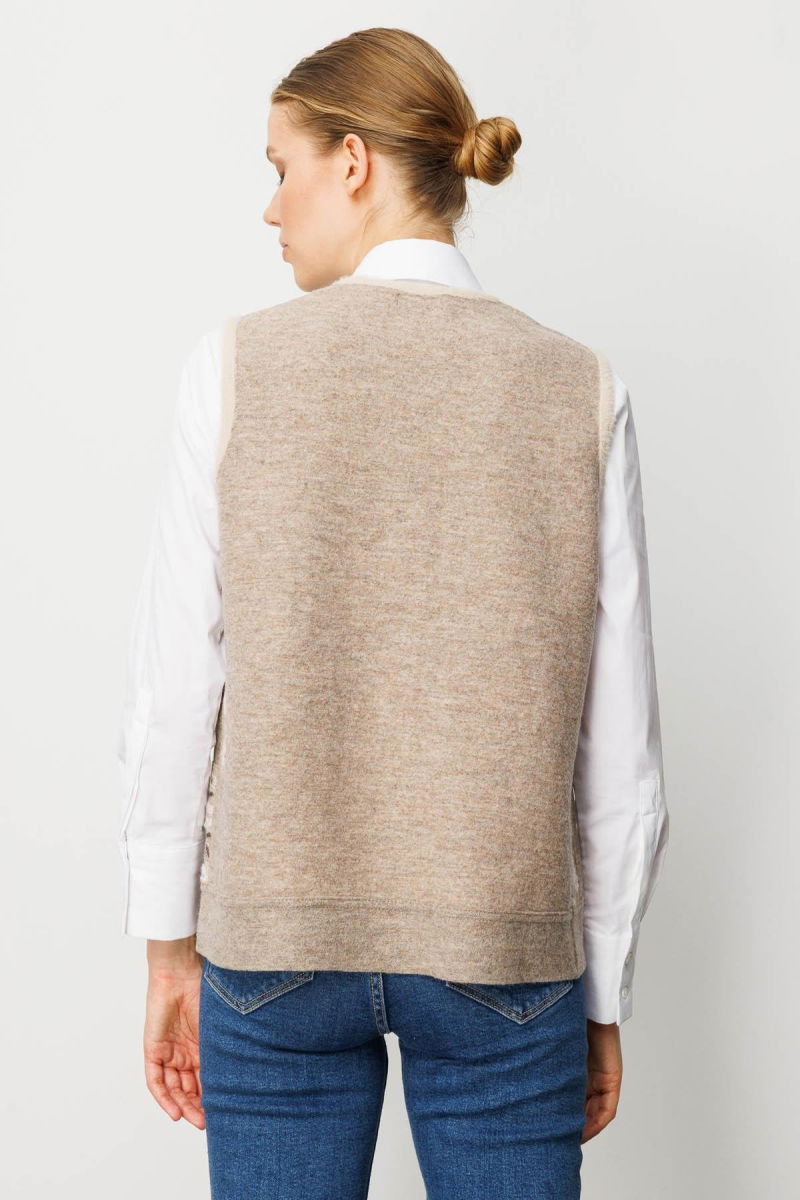 Desen Triko Kadın Pıtırcık Çiçekli Patchwork Keçe Yün Yelek 24084 Bej-Kemik - 4