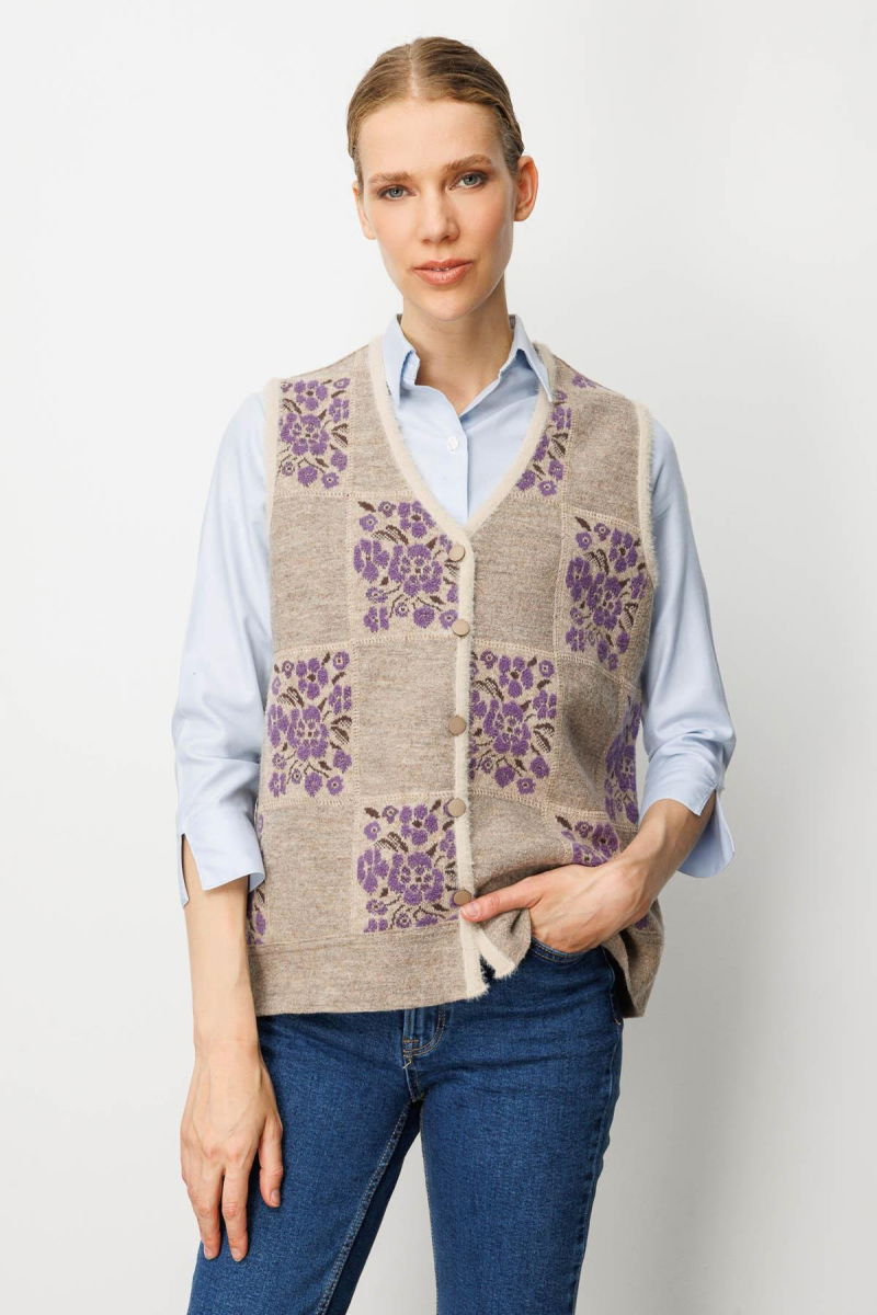 Desen Triko Kadın Pıtırcık Çiçekli Patchwork Keçe Yün Yelek 24084 Bej-Mor - 2