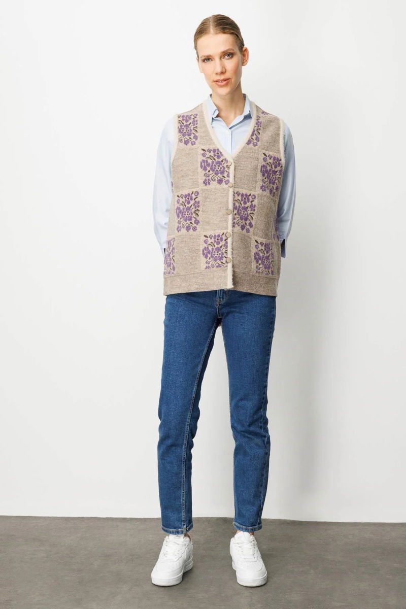 Desen Triko Kadın Pıtırcık Çiçekli Patchwork Keçe Yün Yelek 24084 Bej-Mor - 3