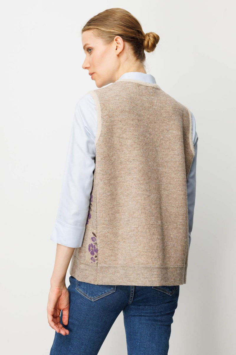 Desen Triko Kadın Pıtırcık Çiçekli Patchwork Keçe Yün Yelek 24084 Bej-Mor - 4