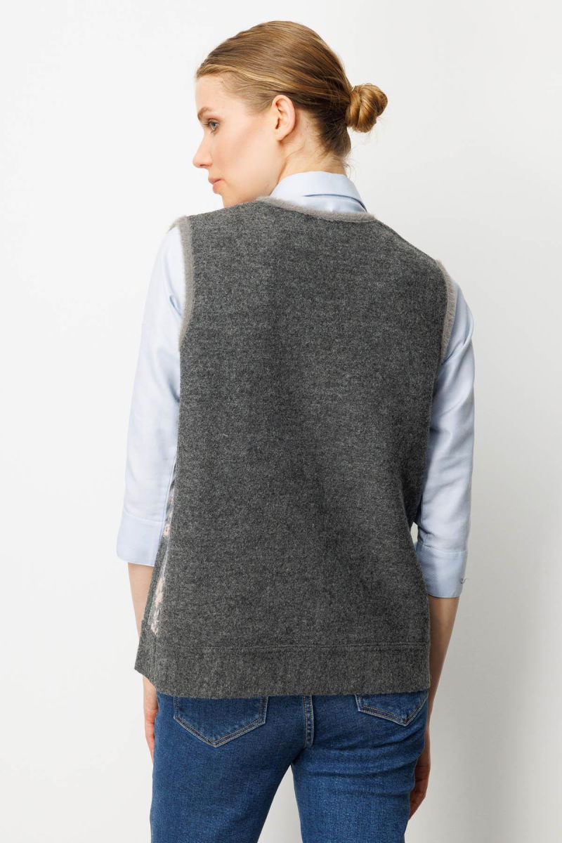 Desen Triko Kadın Pıtırcık Çiçekli Patchwork Keçe Yün Yelek 24084 Füme-A.Pembe - 4
