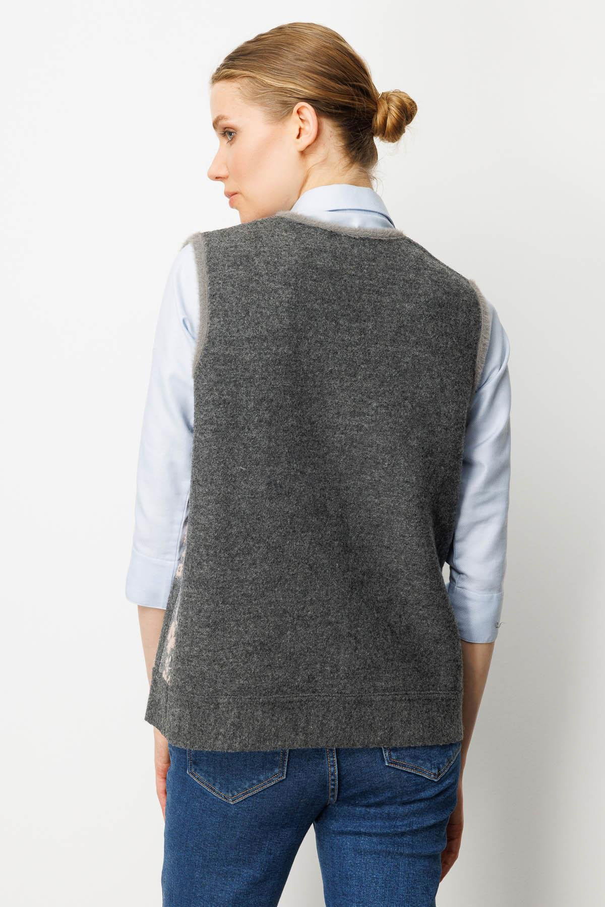 Desen Triko Kadın Pıtırcık Çiçekli Patchwork Keçe Yün Yelek 24084 Füme-A.Pembe - 4
