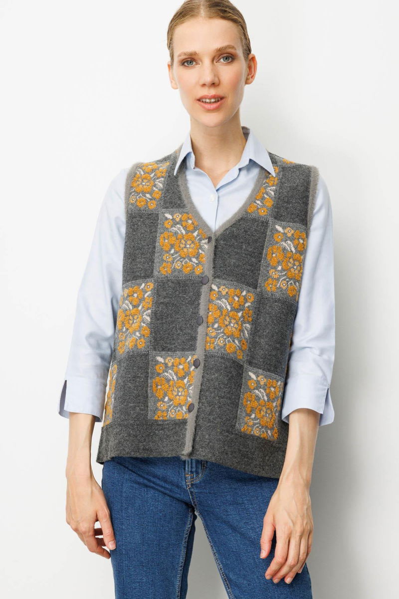 Desen Triko Kadın Pıtırcık Çiçekli Patchwork Keçe Yün Yelek 24084 Füme-Hardal 
