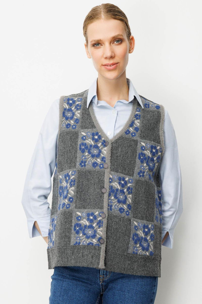 Desen Triko Kadın Pıtırcık Çiçekli Patchwork Keçe Yün Yelek 24084 Füme-Mavi - 2