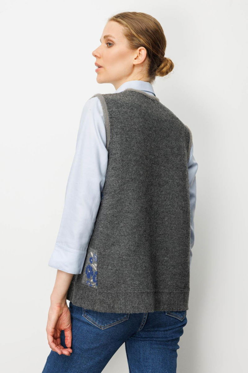 Desen Triko Kadın Pıtırcık Çiçekli Patchwork Keçe Yün Yelek 24084 Füme-Mavi - 4