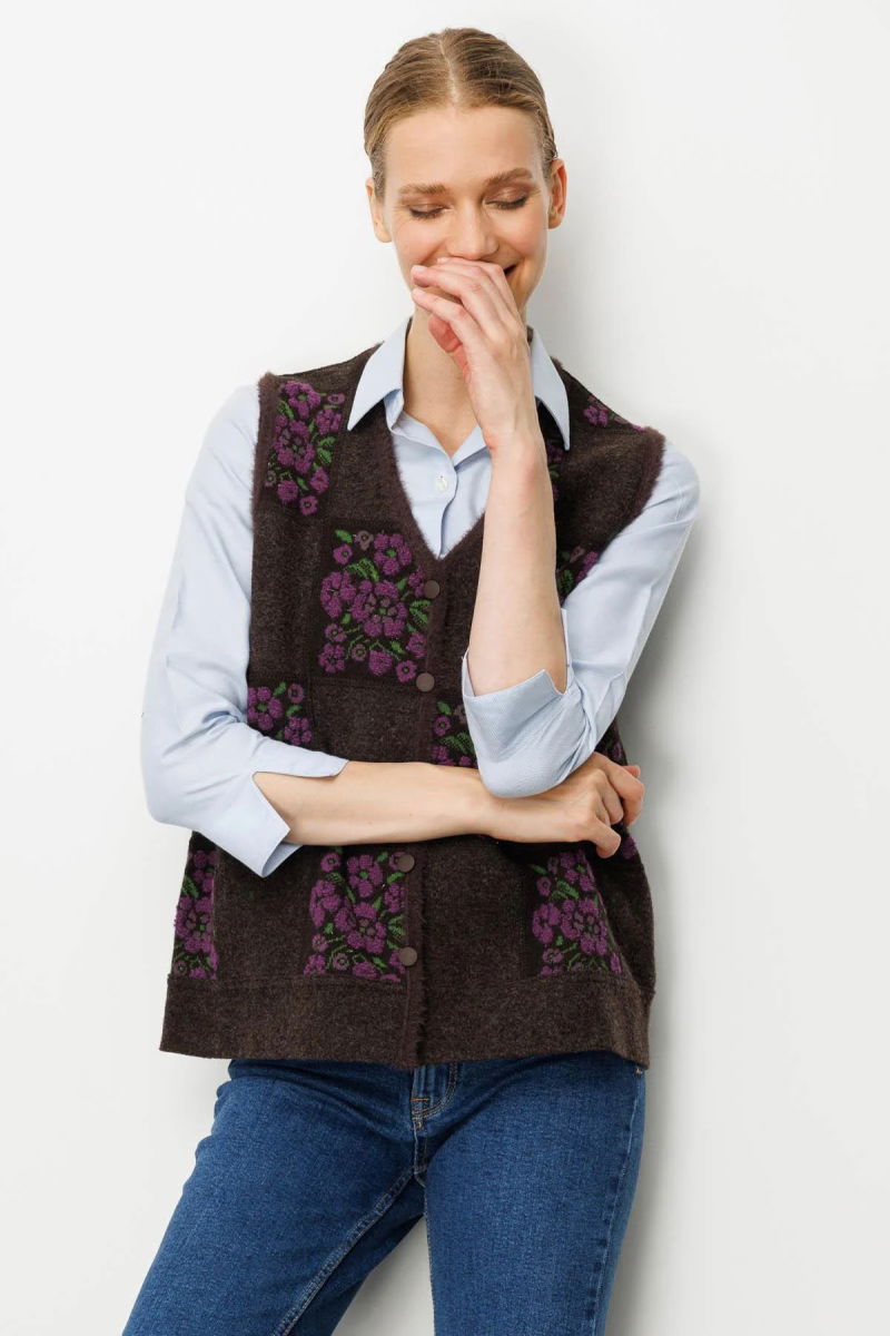 Desen Triko Kadın Pıtırcık Çiçekli Patchwork Keçe Yün Yelek 24084 K.Kahve-A.Mor - 2