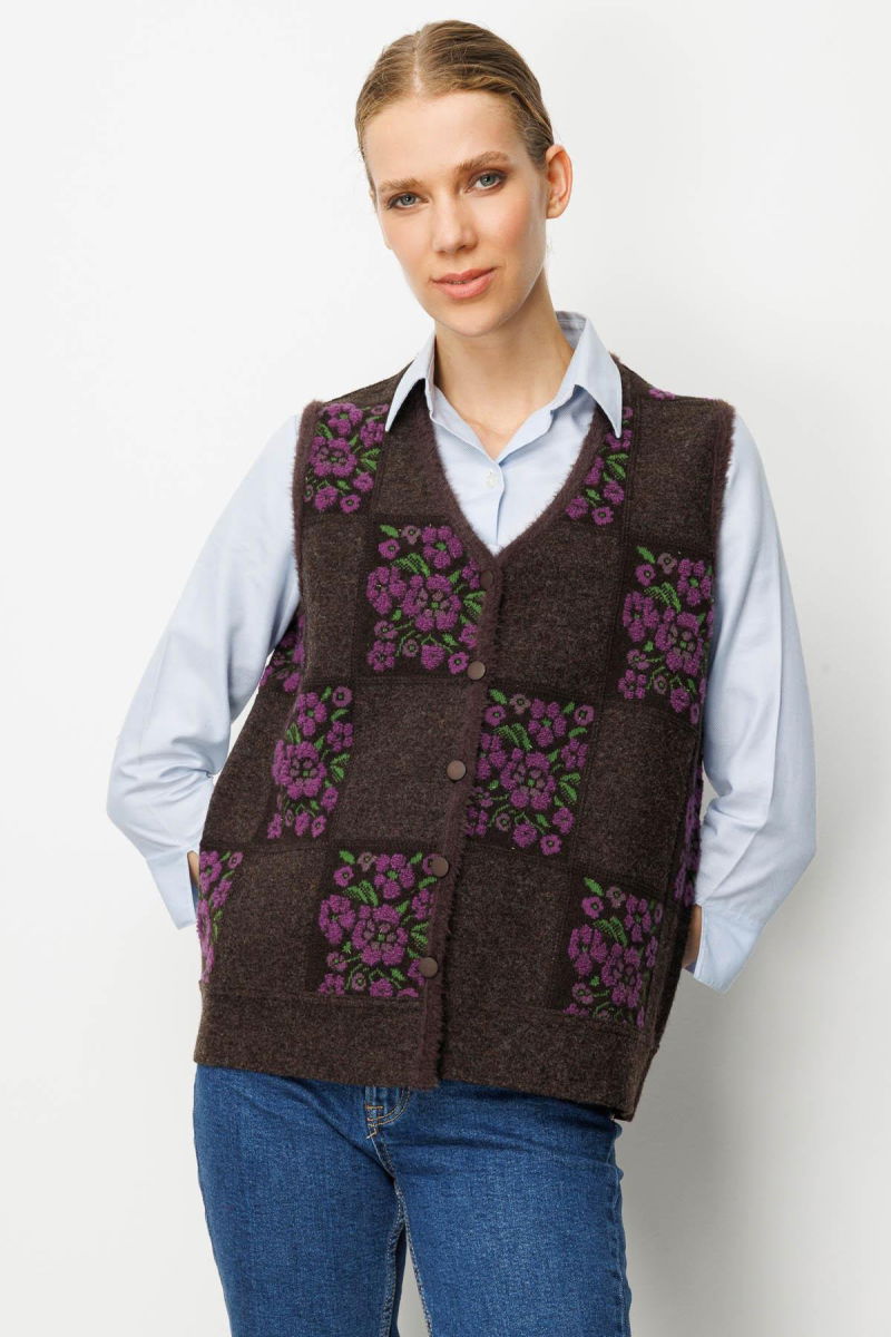 Desen Triko Kadın Pıtırcık Çiçekli Patchwork Keçe Yün Yelek 24084 K.Kahve-A.Mor - 4